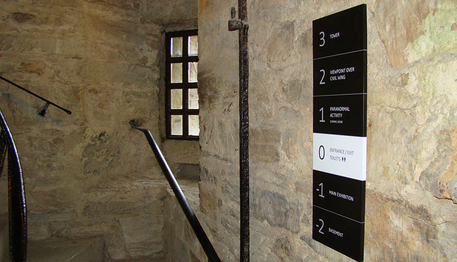 Heritage style wayfinding signs for historical visitor attraction Bodmin Jail Cornwall
